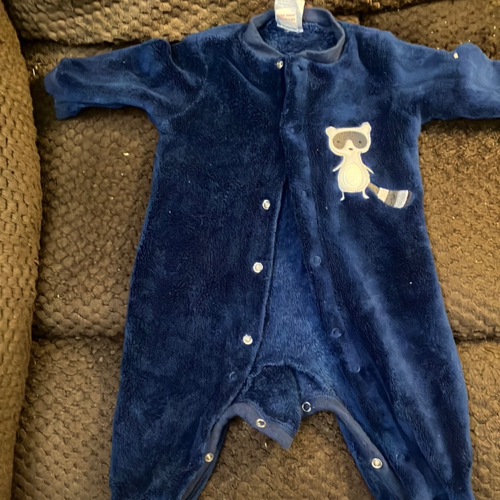 FINAL MARKDOWN Fuzzy baby gear footed raccoon one piece 0-3 months